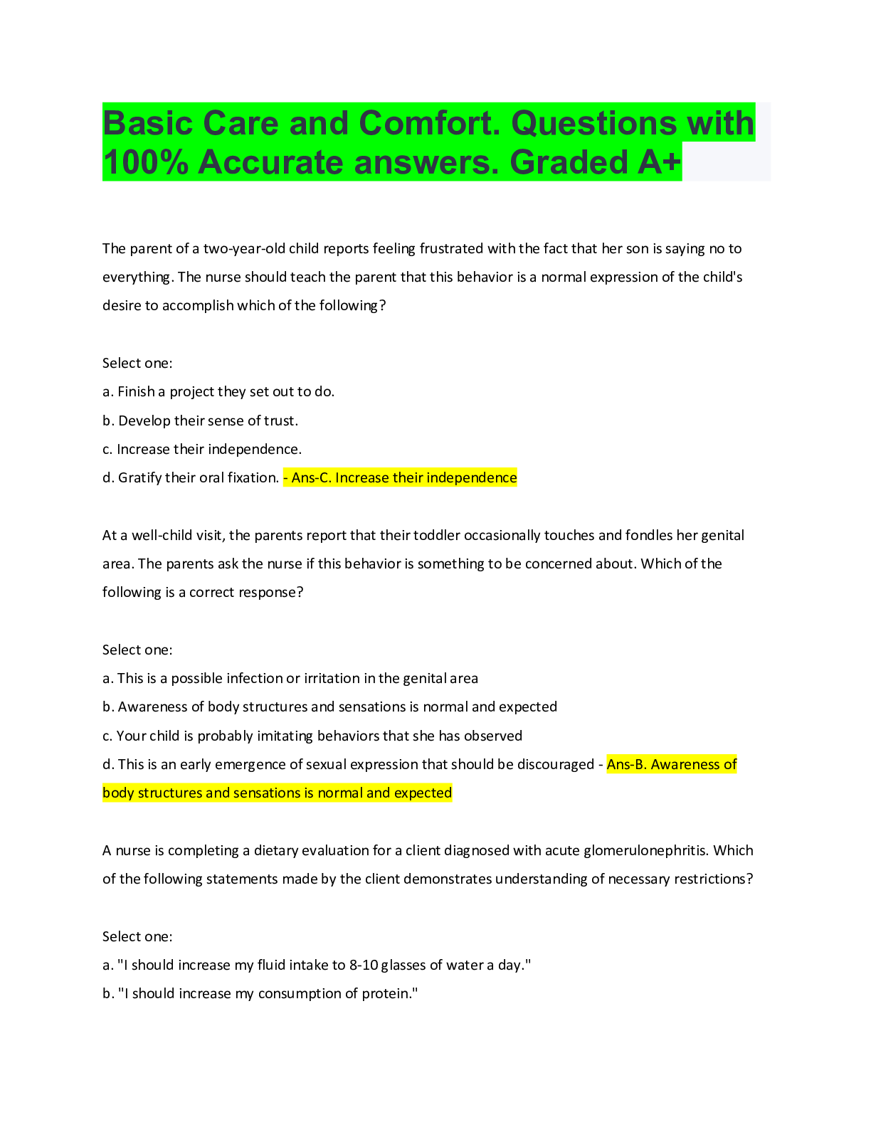 Basic Care and Comfort. Questions with 100 Accurate answers. Graded A+